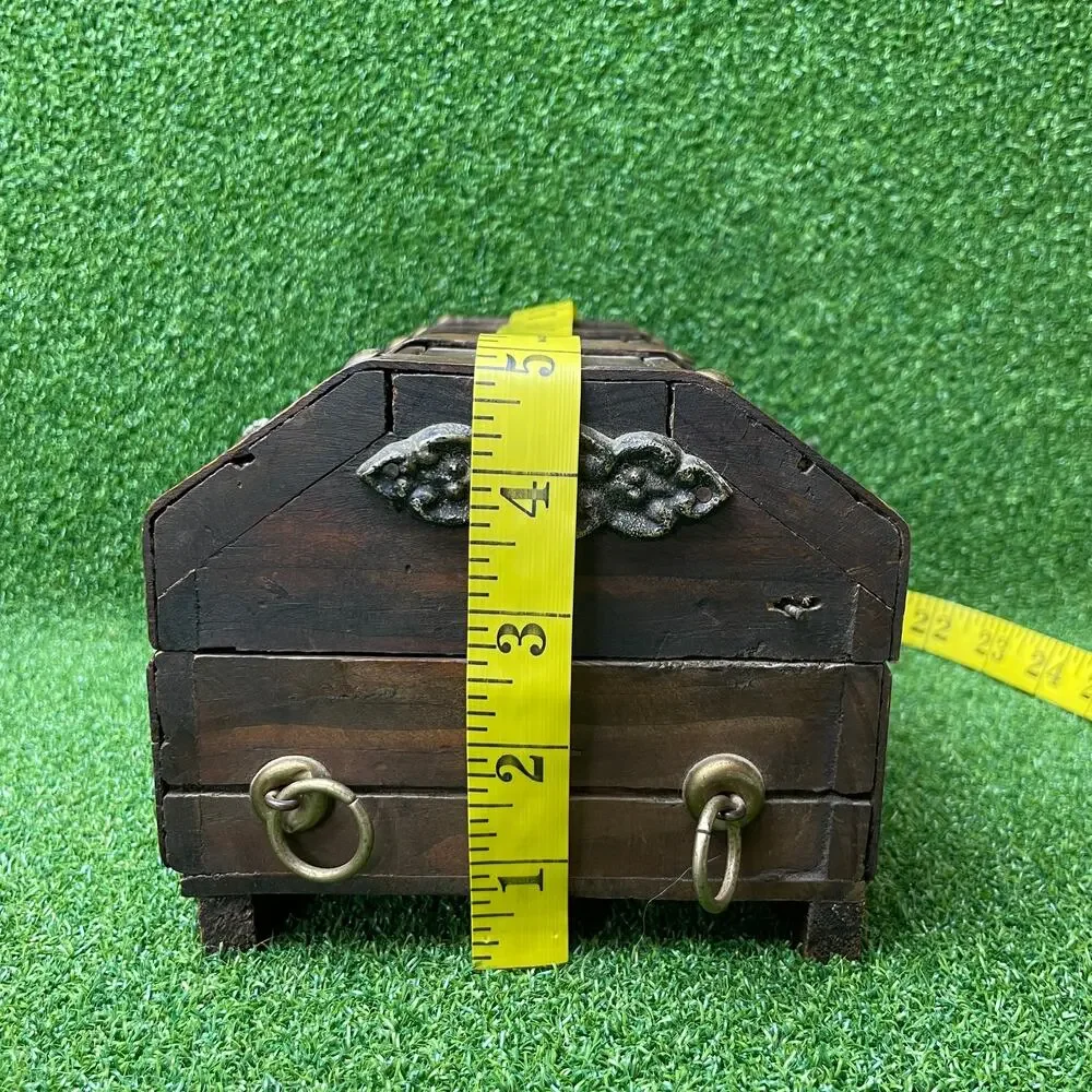 Vintage Wooden Treasure Chest Jewelry Box Gothic Lions Head Metal Latch